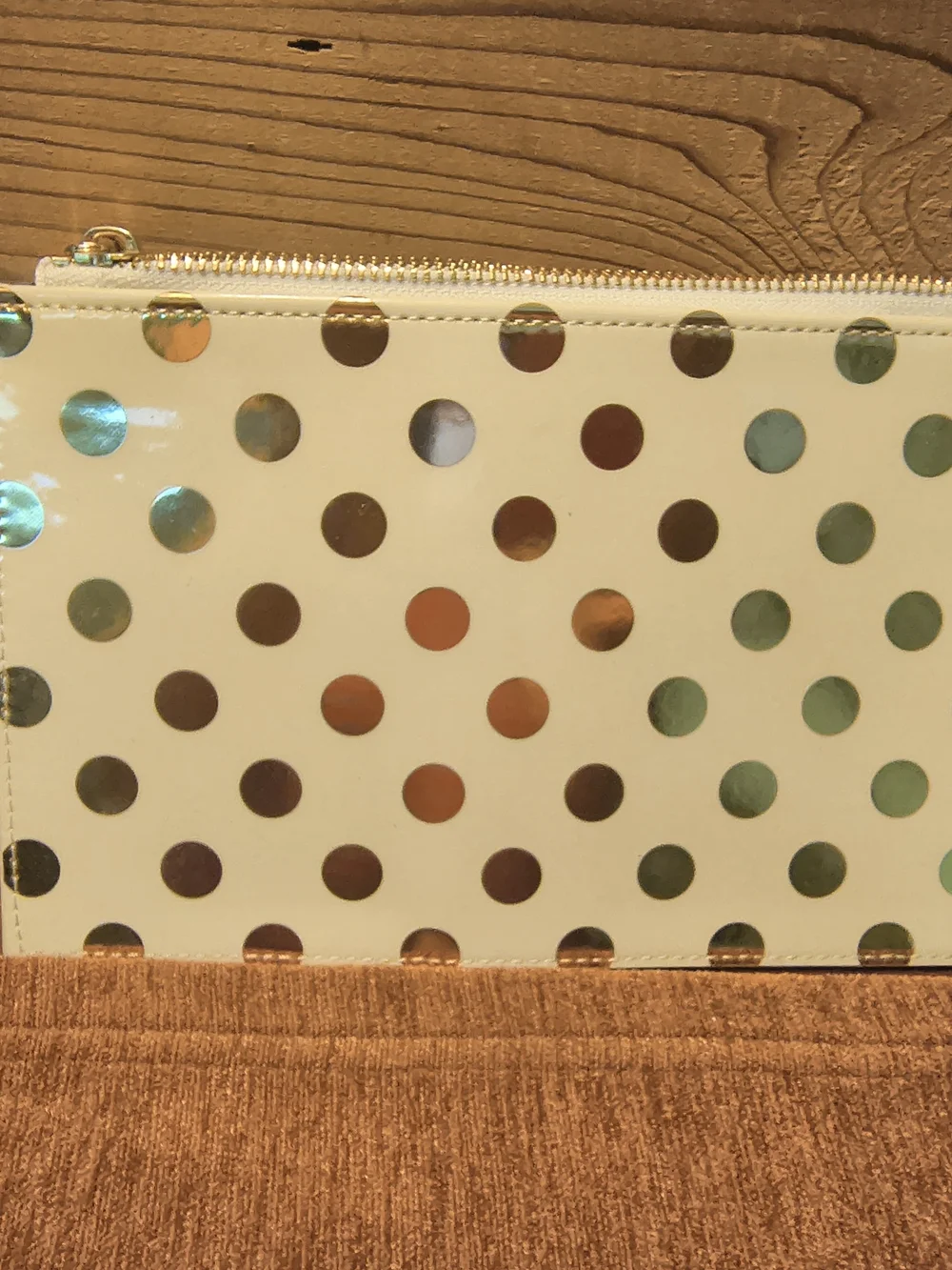 NWOT Kate Spade Pencil Pouch Polka Dot Cosmetic Case Travel Cream Gold w/Ruler